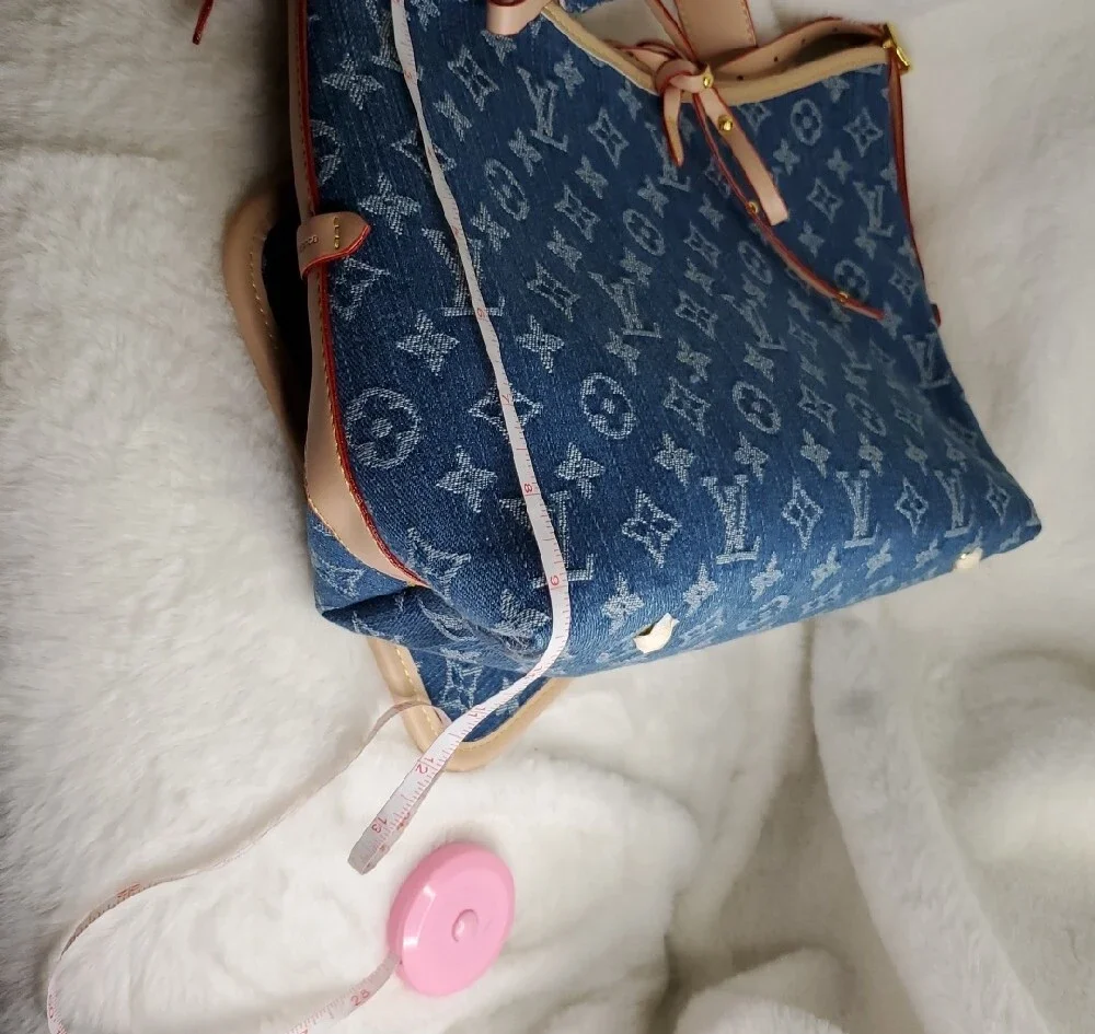 Blue Monogram Denim Shoulder Bag with Beige Trim